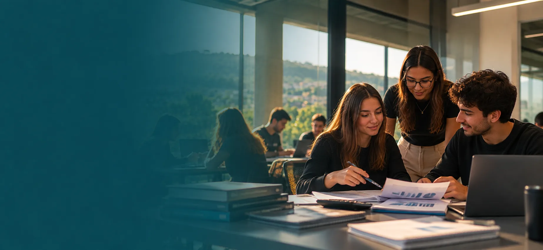 Alunos de Ciências Contábeis analisando relatórios em grupo