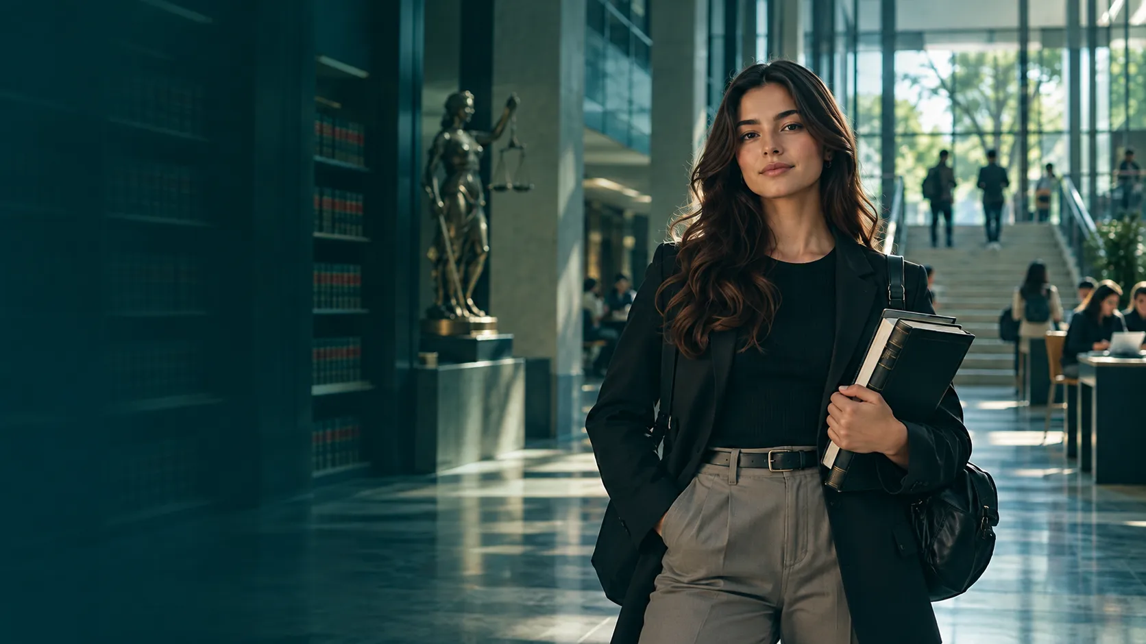 Aluna de Direito no saguão, segurando livros