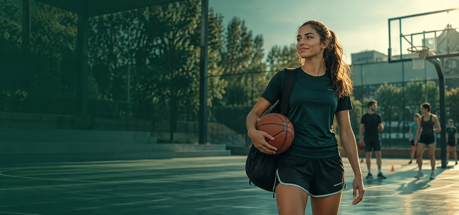Aluna de Educação Física com bola de basquete na quadra