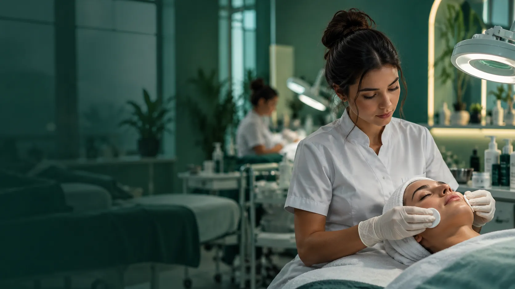 Aluna de Estética e Cosmética em procedimento facial